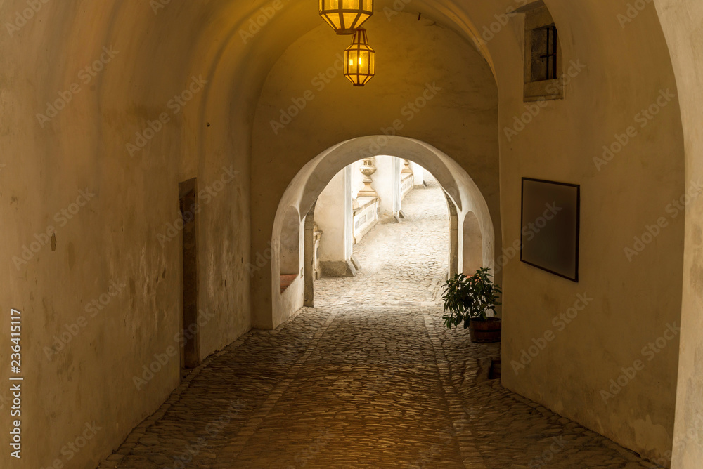 The corridor to Cloak Bridge view from IIIrd courtyard inside Cesky Krumlov Castle, Czech