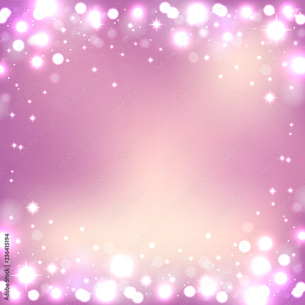 Abstract vector background with sparkles. Shiny defocused bokeh lights on pink background. Festive  background for card, flyer, invitation, placard, voucher.