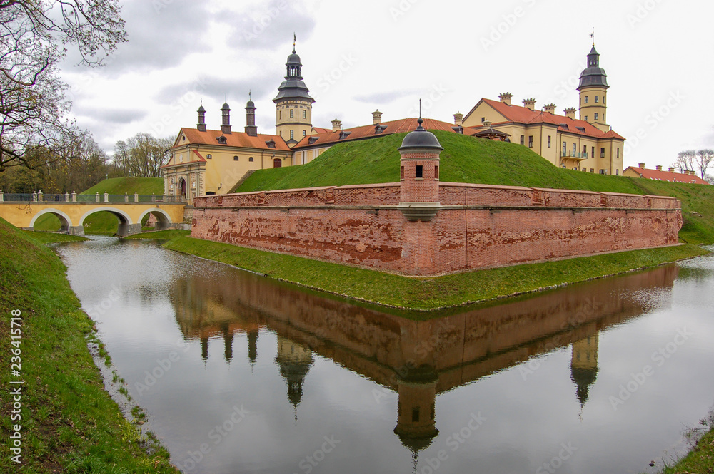Nesvizh castle Palace and castle complex in Nesvizh, Belarus. Known since 1583. Moat with water in front of the castle