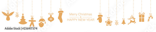 White Christmas and New Year banner with orange festive decorations.