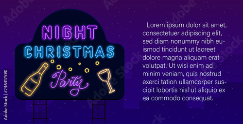 Night Christmas party. Neon luminous poster or invitation template.