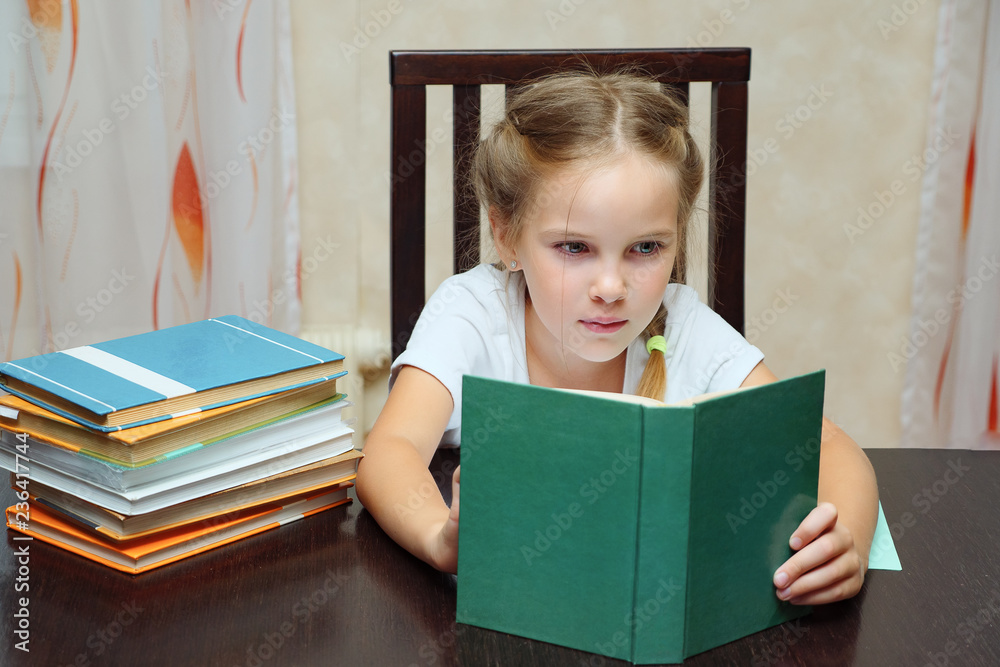 Side view of little girl with braids sitting at table and reading textbook doing homework Side view of little girl with braids sitting at table and reading textbook doing homework