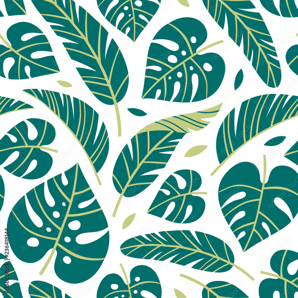 Hand drawn seamless vector pattern with tropical palm leaves on white background.