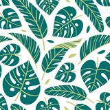 Hand drawn seamless vector pattern with tropical palm leaves on white background.