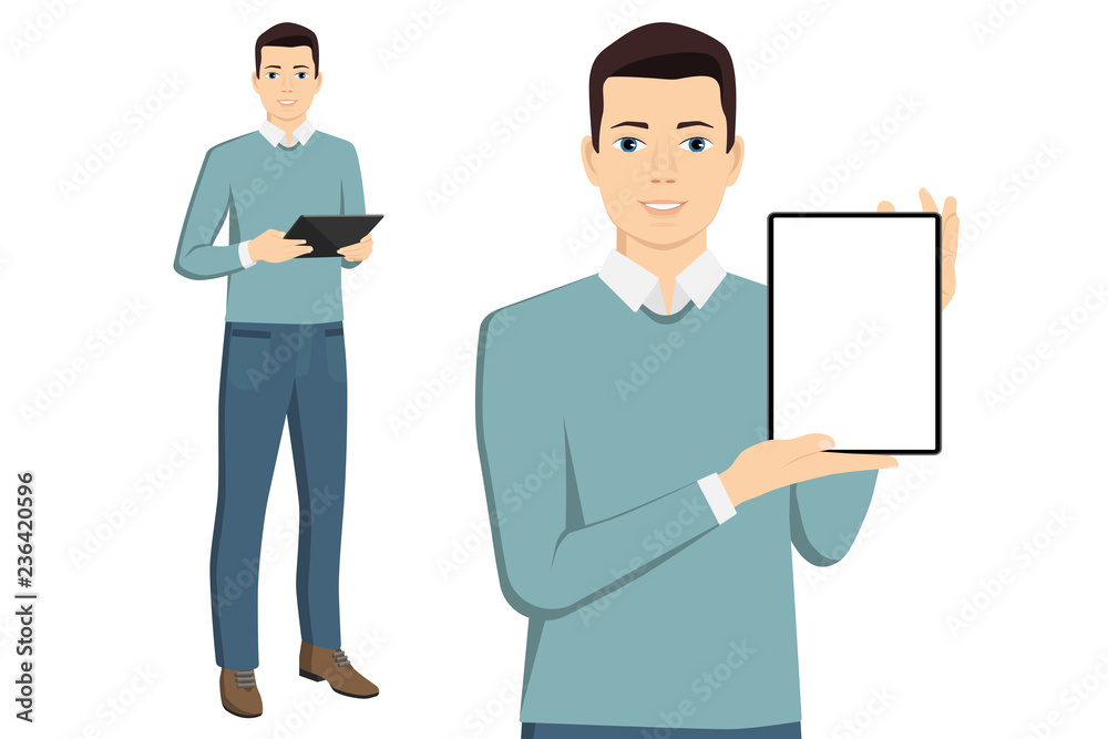 Man with a tablet computer isolated on white. Vector illustration