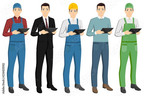 Set of men with a digital tablet. Courier, businessman, worker, casual, farmer. Isolated on white. Vector illustration