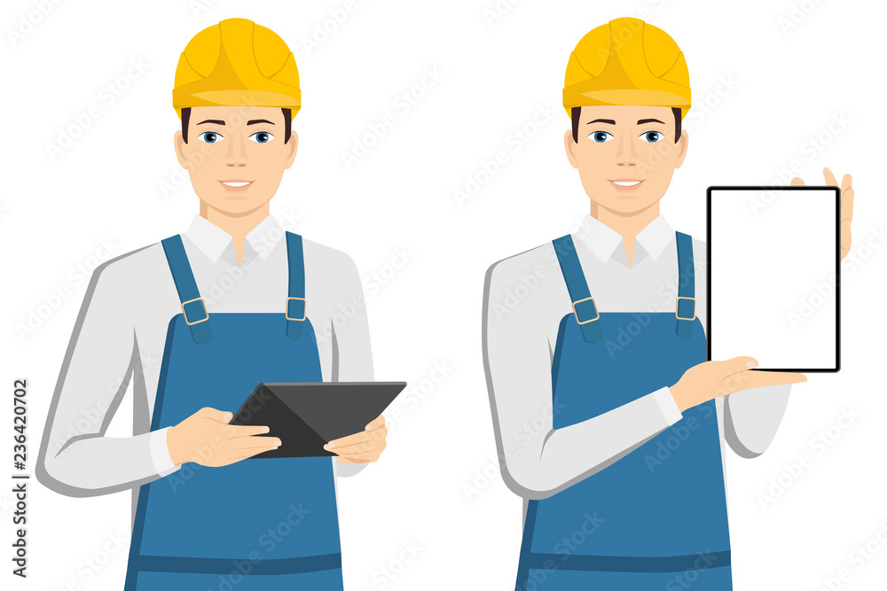 Engineer with a tablet computer isolated on white. Vector illustration Engineer with a tablet computer isolated on white. Vector illustration