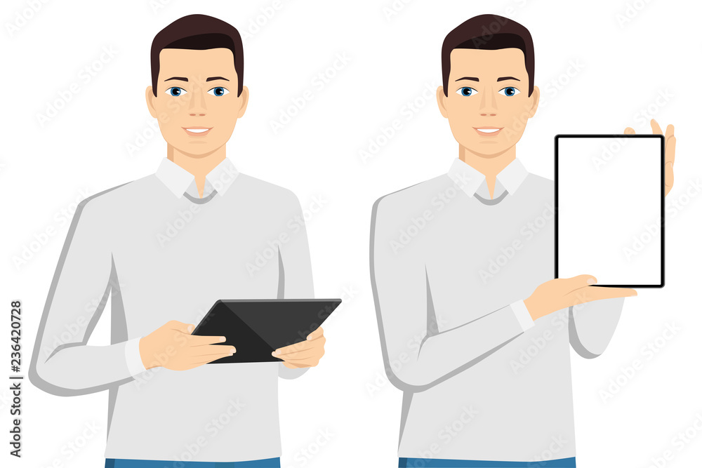 Man with a tablet computer isolated on white. Vector illustration Man with a tablet computer isolated on white. Vector illustration