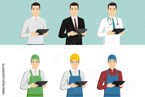 Set of men with a digital tablet. Courier, businessman, worker, casual, farmer, doctor. Vector illustration