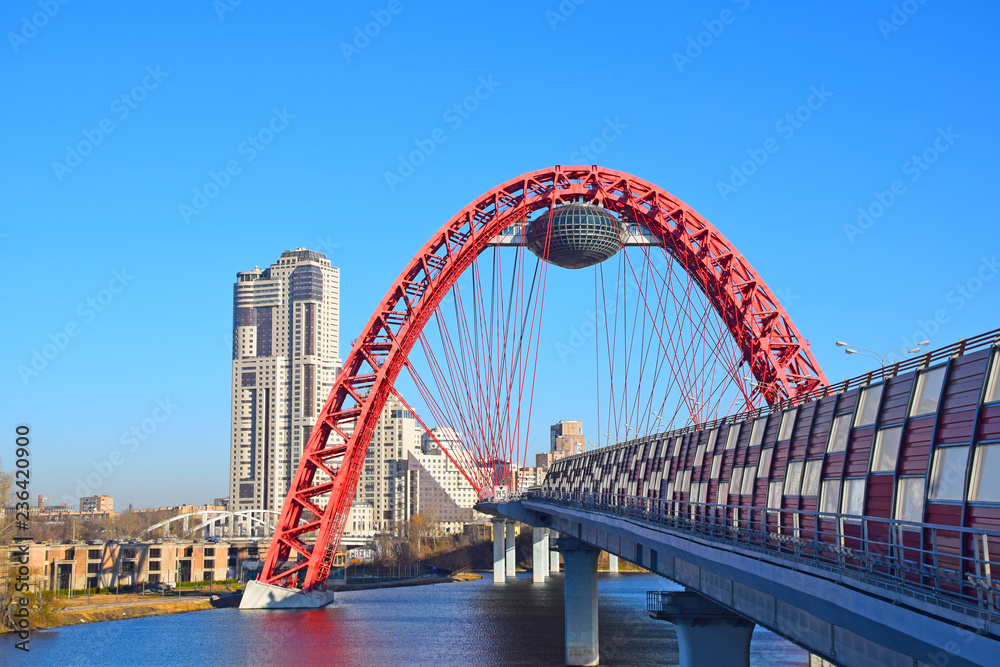 Obraz premium “Picturesque Bridge” - the cable-stayed bridge over the Moscow River was opened on December 27, 2007. The author of the project is architect Nikolay Shumakov. Russia, Moscow, November 2018.