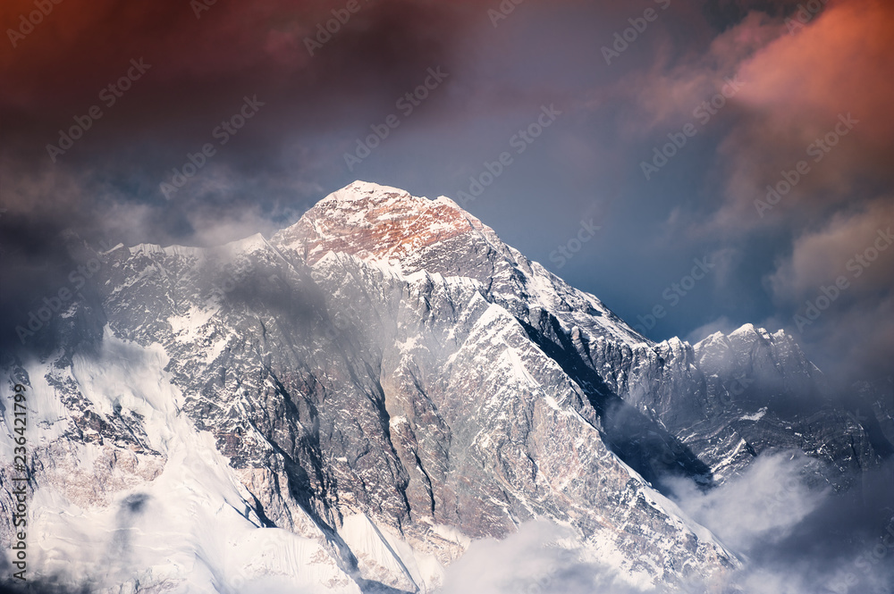 Peak of Mount Everest at sunset in Himalayas, Nepal. Everest Base Camp trek, Sagarmatha national park