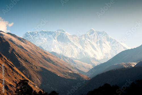 View of Mount Everest, Lhotse and Nuptse at sunrise in Himalayas, Nepal. Everest Base Camp trek, Sagarmatha national park