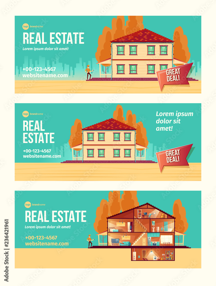 New house purchasing cartoon vector ad banner set with cottage facade and rooms cross section plan illustration. Turnkey housing project offer. Real estate agency, construction company promo flyer