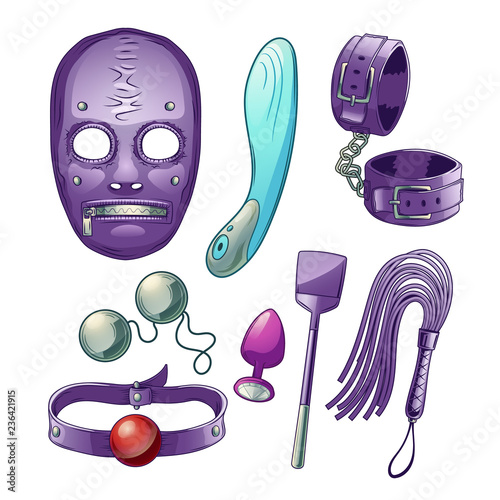 Adults sex toys, accessories for BDSM role play cartoon vector set with dildo or vibrator, latex face mask, leather handcuff and whip, paddle, mouth gag, butt plugs. Sex shop assortment collection
