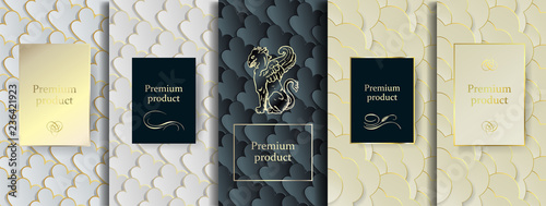 Luxury Premium design. Vector set packaging templates with different texture for luxury products. Collection of design elements, labels, frames, for packaging, with golden foil on black background