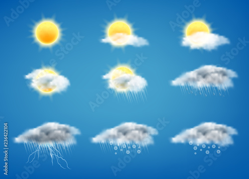 Vector realistic set of weather forecast icons for web interfaces or mobile apps, isolated on blue background. Meteorology symbols clipart, sunny day, gray clouds with rain, storm with lightning, snow
