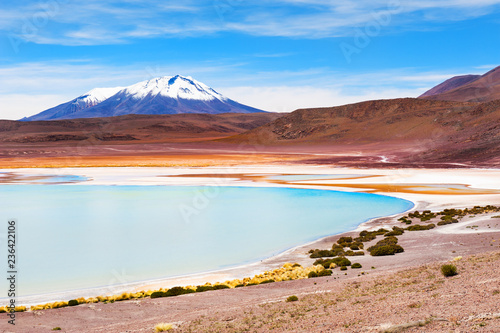 High-altitude lagoon and mountains on plateau Altiplano  Bolivia