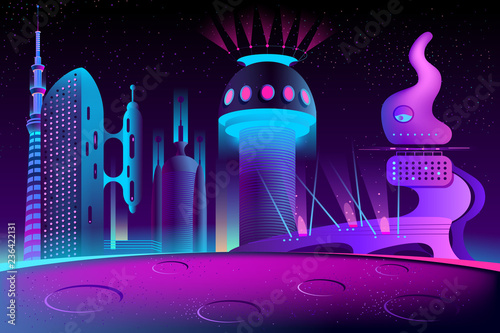 Vector futuristic city on other planet, alien culture at night. Bright glowing buildings in cartoon style, modern megapolis. Urban skyscrapers in neon colors, town exterior, architecture background.