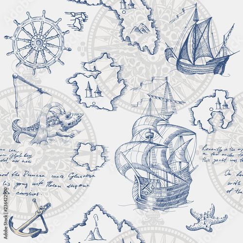 Old caravel, vintage sailboat, sea monster. Monochrome Hand drawn sketch. Vector seamless pattern for boy. Detail of the old geographical maps of sea.
