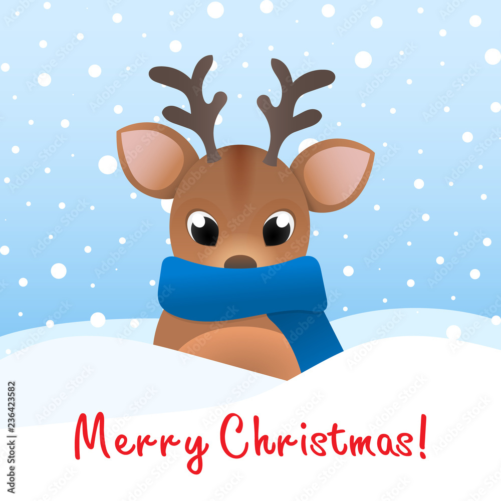 Christmas illustration. Banner with lettering. Baby deer in a blue scarf sits in a snowdrift. Christmas illustration. Banner with lettering. Baby deer in a blue scarf sits in a snowdrift.