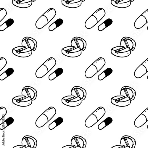 Seamless pattern hand drawn pills doodle. Sketch style icon. Decoration element. Isolated on white background. Flat design. Vector illustration