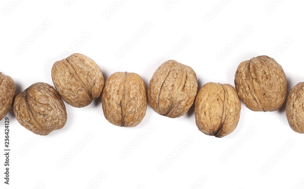Walnuts, isolated on white background, top view Walnuts, isolated on white background, top view