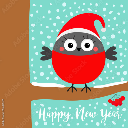 Happy New Year. Bullfinch winter bird on rowan rowanberry sorb berry tree branch. Red Santa hat. Merry Christmas. Candy cane. Cute cartoon baby character. Flat design. Blue snow flake background.