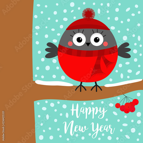 Happy New Year. Bullfinch winter bird on rowan rowanberry sorb berry tree branch. Red hat, scarf. Merry Christmas. Candy cane. Cute cartoon baby character. Flat design. Blue snow flake background.