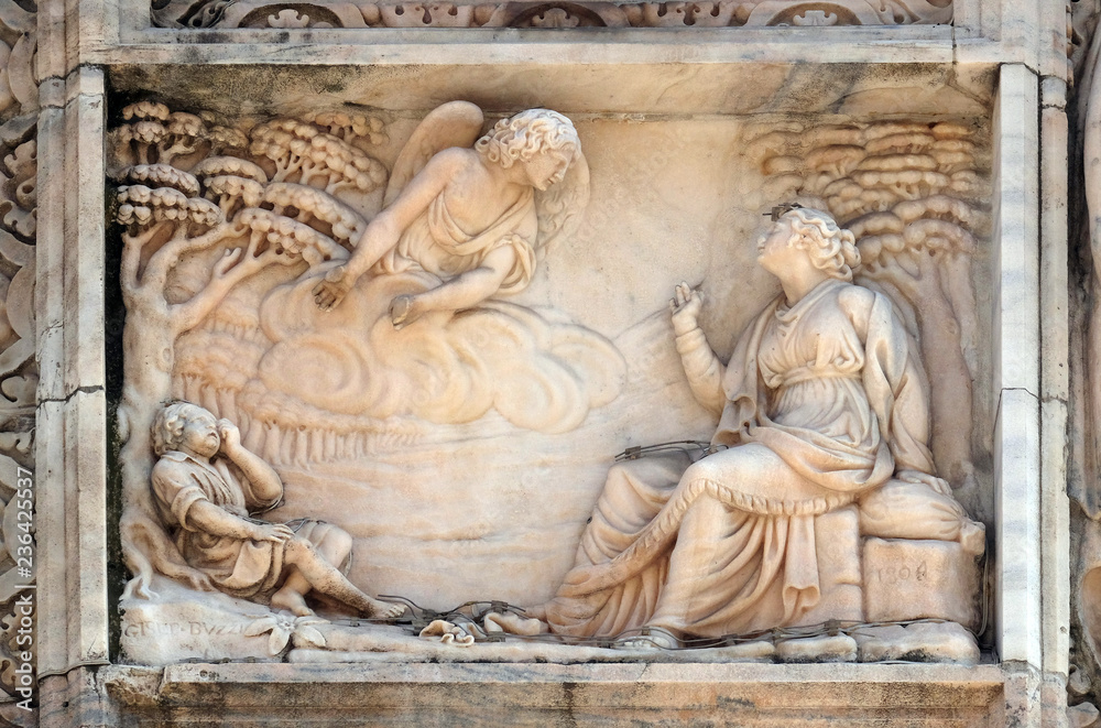 Marble relief on the facade of the Milan Cathedral, Duomo di Santa Maria Nascente, Milan, Lombardy, Italy