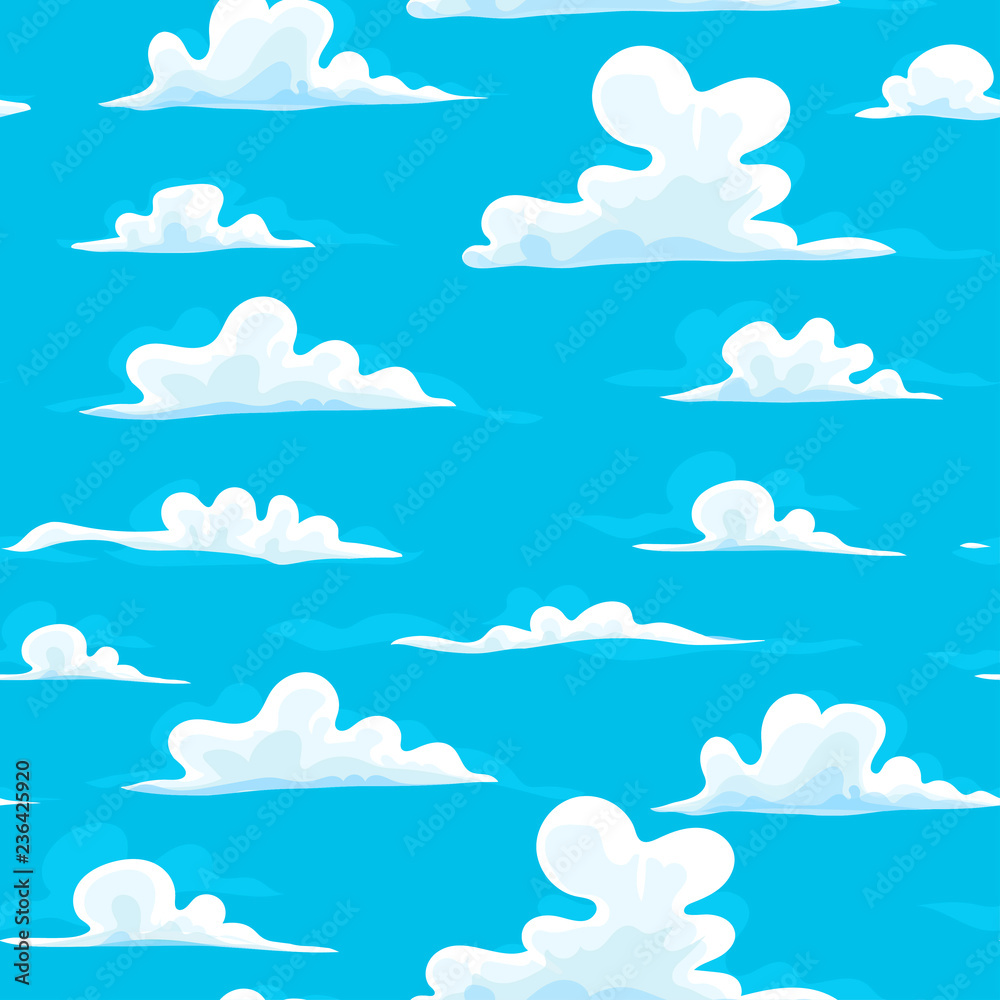 Cartoon style clouds. Blue sky background. Hand drawn colored vector seamless pattern Cartoon style clouds. Blue sky background. Hand drawn colored vector seamless pattern