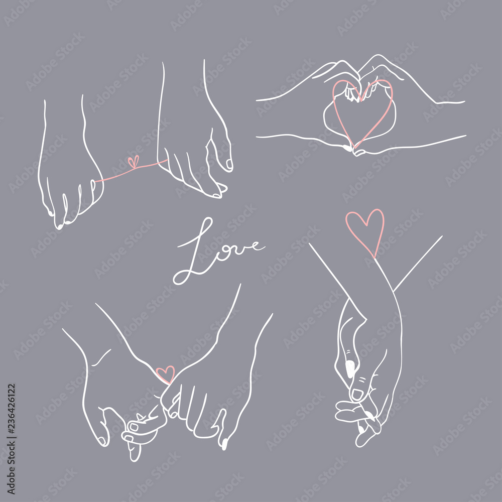 One line drawn holding hands. Saint Valentine's day vector set. Grey background. All elements are isolated