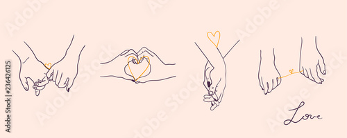 One line drawn holding hands. Saint Valentine's day vector set. Pink background. All elements are isolated