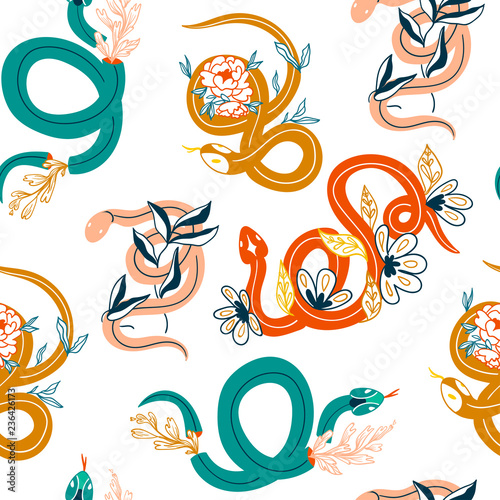 Snakes and flowers. Hand drawn colored vector seamless pattern
