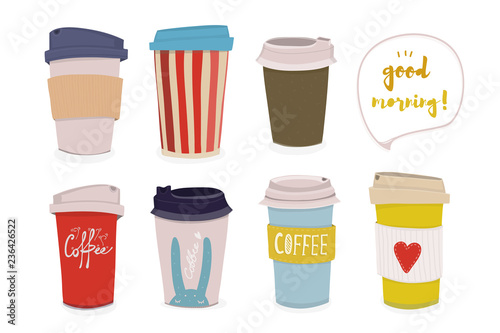 Good morning! Hand drawn various coffee cups. Colored vector set. All elements are isolated