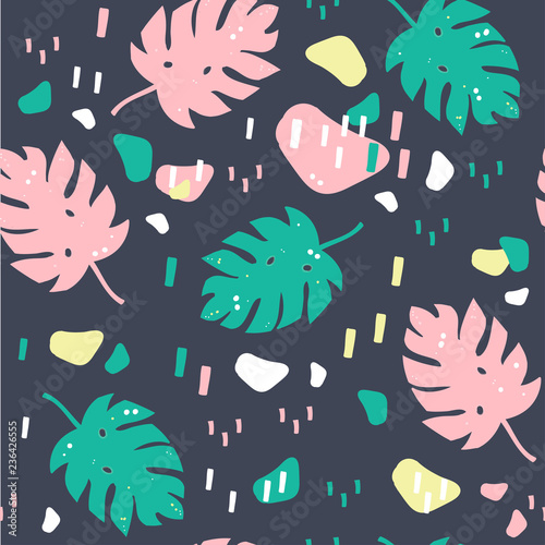 Hand drawn jungle leaves. Colored vector seamless pattern. Dark background