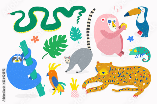 Fototapeta Naklejka Na Ścianę i Meble -  Hand drawn various jungle animals in unique trendy style. Colored vector set. Every animal is isolated
