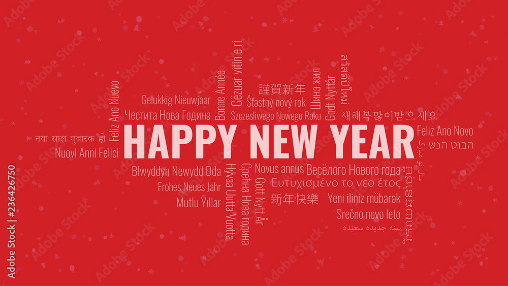 Happy New Year text with word cloud on a red background