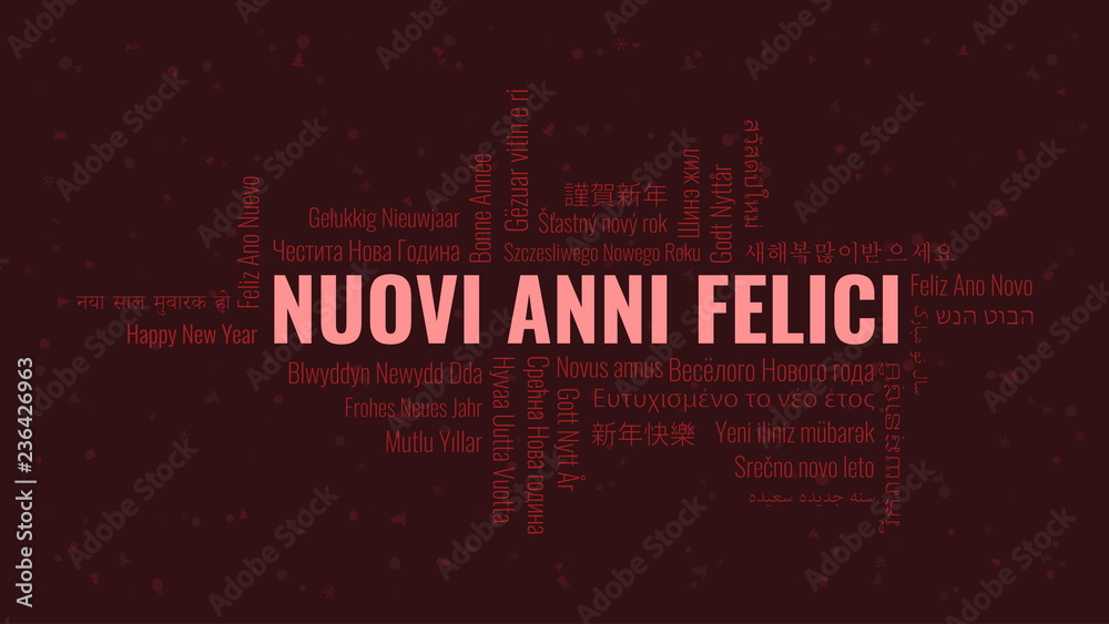 Obraz premium Happy New Year text in Italian 'Nuovi Anni Felici' with word cloud on a dark background