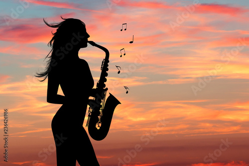 Sticker illustration of girl plays the sax
