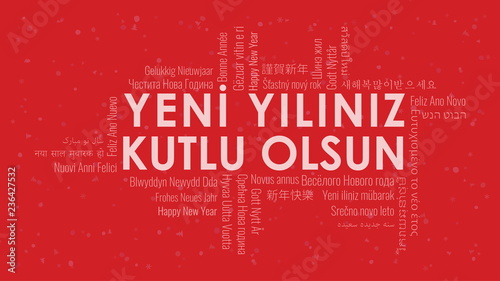 Happy New Year text in Turkish  Yeni Yiliniz Kutlu Olsun  with word cloud on a red background