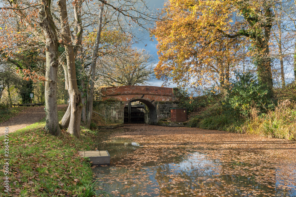 Autumn morning at Devil's Hole Lock on the Wey and Arun canal in Sussex. Open for recreation the canal closed in 1871 but in 1942 was used by Canadian Engineers practicing for the Dieppe Raid Autumn morning at Devil's Hole Lock on the Wey and Arun canal in Sussex. Open for recreation the canal closed in 1871 but in 1942 was used by Canadian Engineers practicing for the Dieppe Raid
