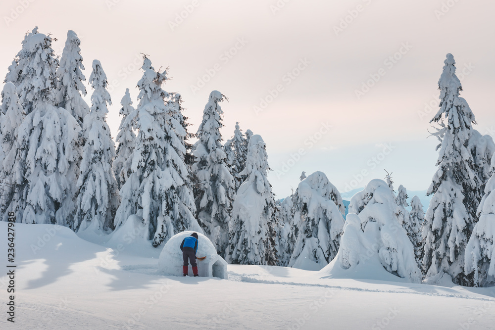 Fototapeta premium Man in blue jacket building igloo in the high mountain. Fantastic winter scene