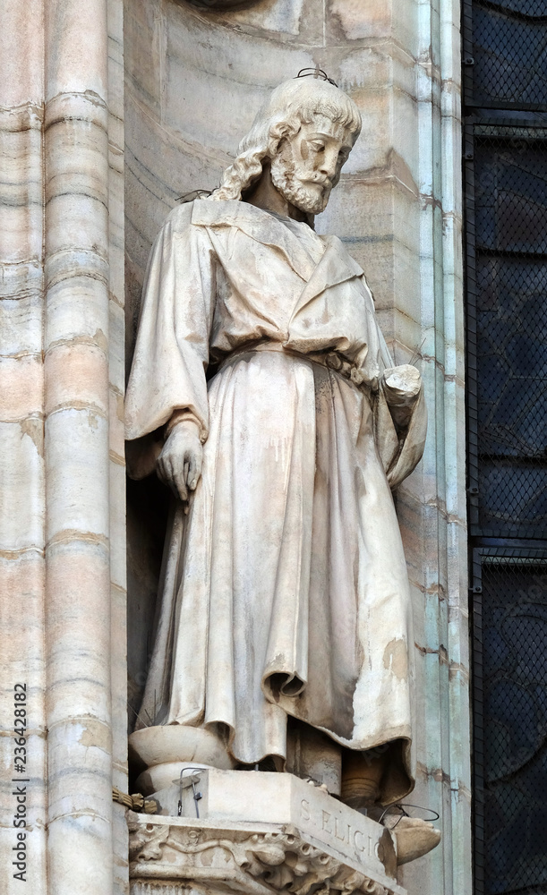 Saint Eligius, statue on the Milan Cathedral, Duomo di Santa Maria Nascente, Milan, Lombardy, Italy Saint Eligius, statue on the Milan Cathedral, Duomo di Santa Maria Nascente, Milan, Lombardy, Italy