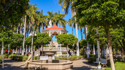 A gazebo and fountain in El Fuerte park, in the city of El Fuerte in Sinaloa state, Mexico