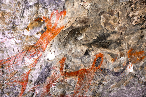 Close up of the UNESCO-listed ancient cave paintings of animals and humans in ochre and black at Cueva del Raton in the Sierra de San Francisco mountains near San Ignacio, Baja California Sur, Mexico