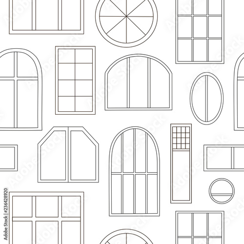 Seamless pattern with different types of windows created in linear style