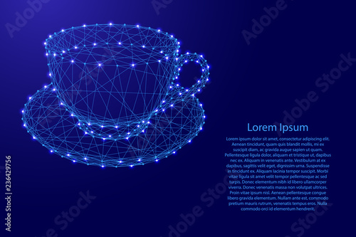 Cup mug with coffee or tea on a saucer from futuristic polygonal blue lines and glowing stars for banner, poster, greeting card. Vector illustration.