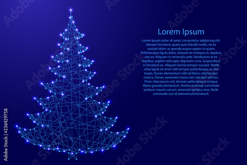 Christmas tree and Happy New Year decoration from futuristic polygonal blue lines and glowing stars for banner, poster, greeting card. Vector illustration.
