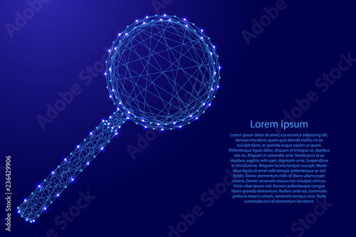 Magnifying glass lens from futuristic polygonal blue lines and glowing stars for banner, poster, greeting card. Vector illustration.