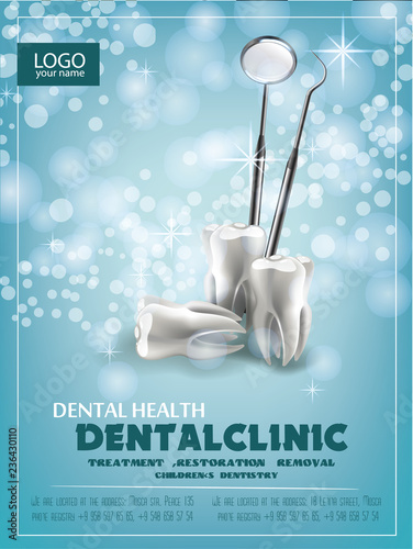 the concept of vector realistic illustration. Tooth on a blue green sparkling background. Professional teeth whitening ad design template.